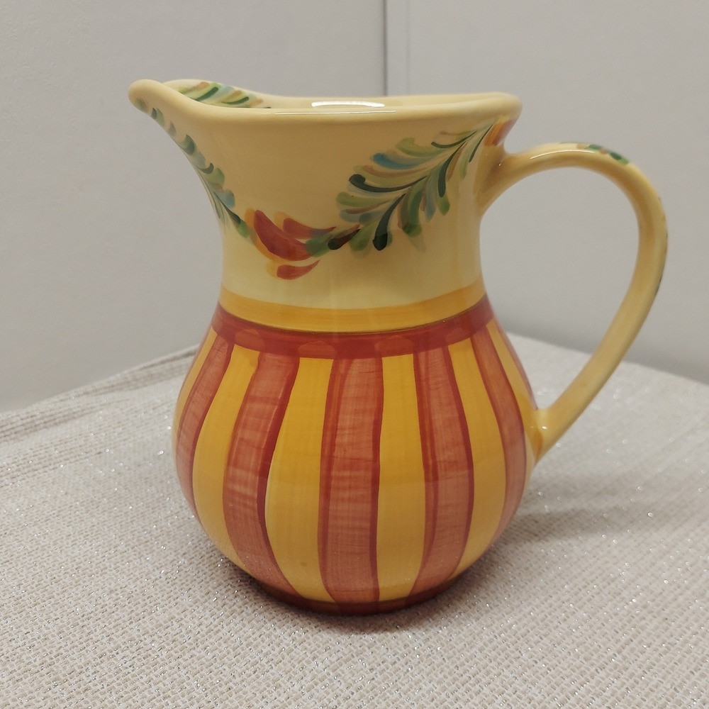Gail Pittman Hand Painted Ceramic Pitcher Orange Yellow Striped Floral 7.5 inch